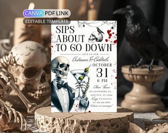 Skeleton Halloween Party Invitation: Spooky Halloween Costume Party Invite for Adult Cocktail Party Invite Digital (Editable Canva Template)