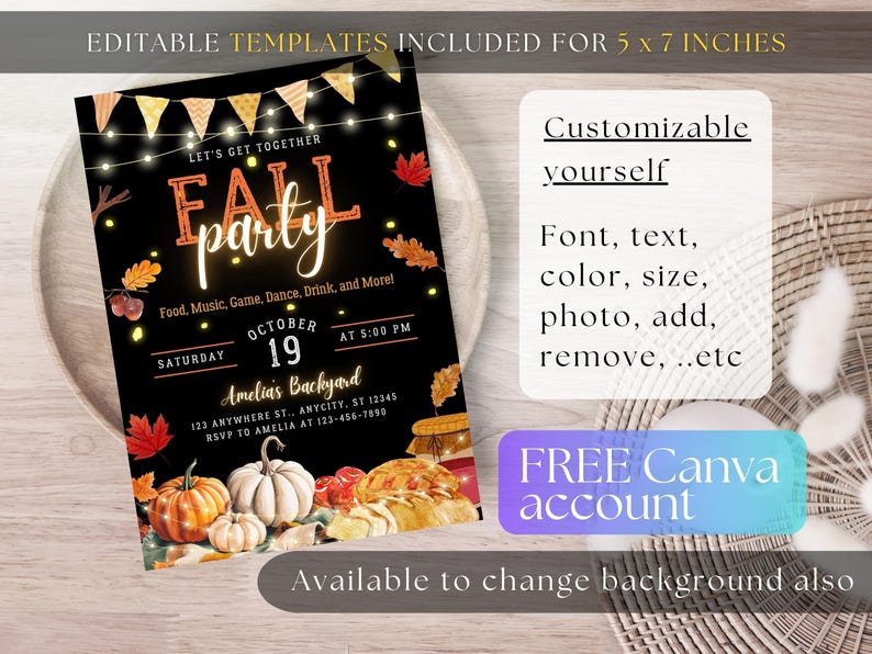 Editable Autumn Festival Invitation Template Canva Fall Party Invite Pumpkin Theme Digital Block Party Invite Family, Friend