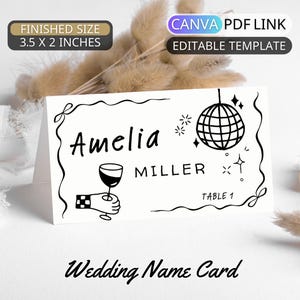 Plantilla de tarjeta de lugar de boda dibujada a mano, tarjeta de nombre de boda moderna, tarjetas de lugar escritas a mano, tarjeta de nombre imprimible para fiesta de boda, Canva editable