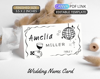 Plantilla de tarjeta de mesa para boda dibujada a mano: Tarjetas de mesa con nombres escritos a mano, imprimibles, con nombres para mesas, para cenas, con asientos, editable en Canva.