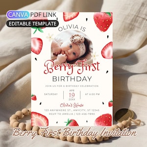 Beere Erster Geburtstagseinladung Vorlage Bearbeitbar Erdbeere 1. Geburtstag einladen Mädchen Foto 1. Geburtstagsfeier einladen Baby Girl Party Canva