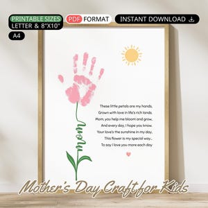Mothers Day Handprint Flower Poem Printable, DIY Handprint Art for Mom Mothers Day Gift from Baby, Preschool Toddler Craft Keepsake Decor