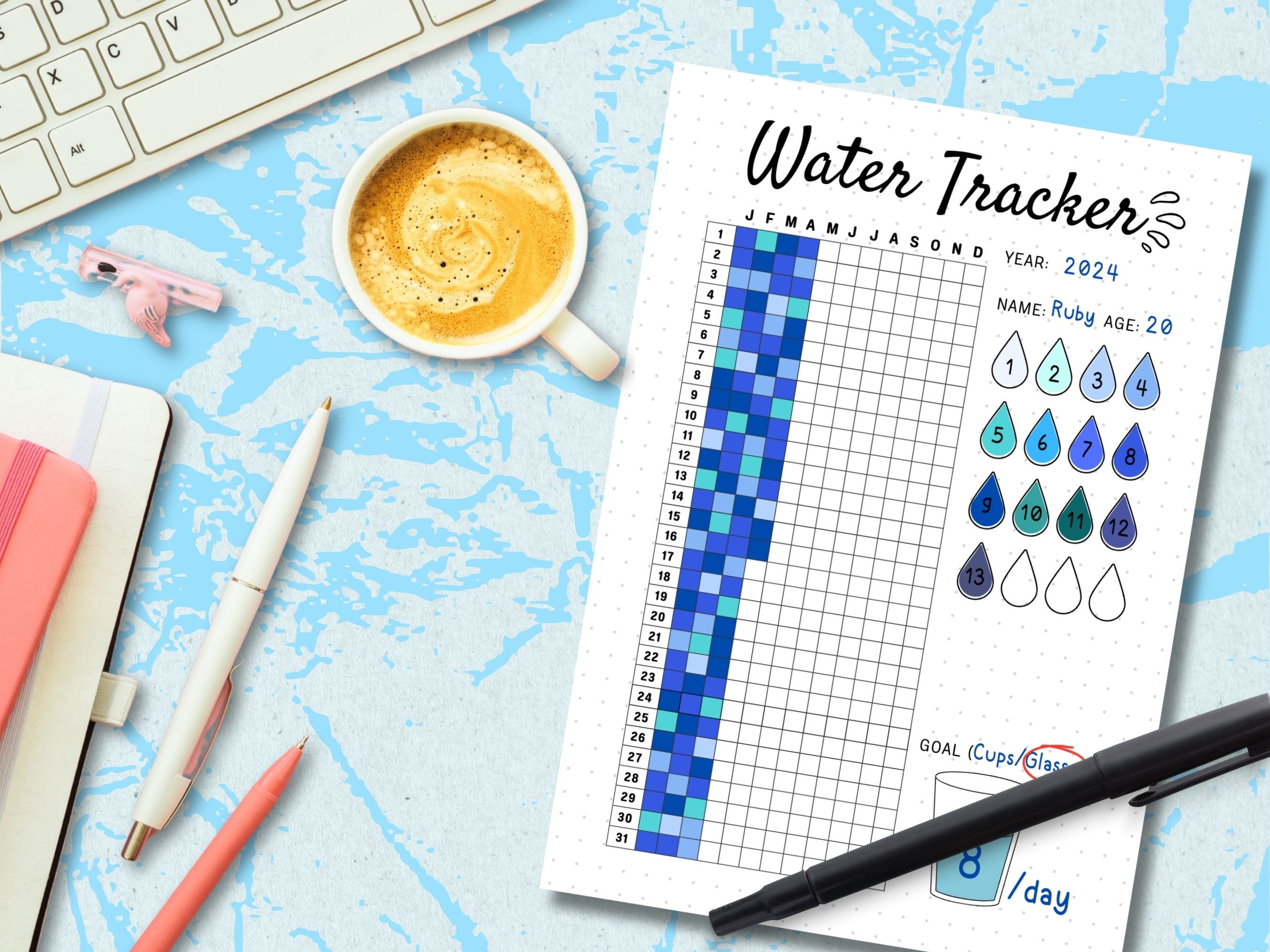 Storage Tracker. Water Water Tracker Yearly Printable Health Habit Tracker Hydration Drinking ...