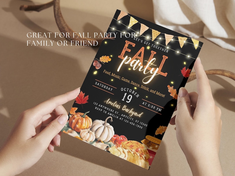 Fall Festival Invitation Canva Template Editable Autumn Party Invite Pumpkin Theme Digital Family Party Invite Friend Block Party Card
