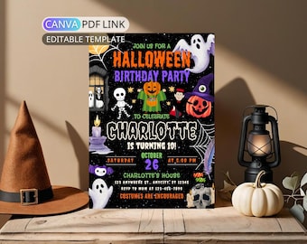 May include: A Halloween birthday party invitation with a black background and illustrations of ghosts, pumpkins, and a skeleton. The text reads "Join us for a Halloween Birthday Party" and "Charlotte is turning 10!"