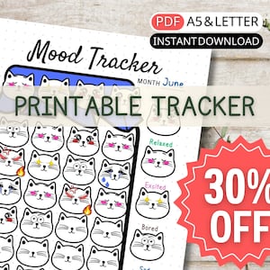 Leuke stemmingstracker Afdrukbare gewoontetracker Kinderen met kattengezicht Emotiedagboek Gezondheid Wellnessplanner Dagelijkse stemmingstracking grafieksjabloon Haar