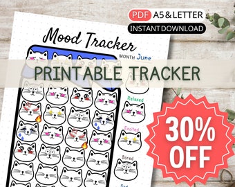 Cute Mood Tracker Printable Habit Tracker Kids With Cat Face Emotion Journal Health Wellness Planner Daily Mood Tracking Chart Digital PDF
