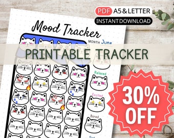 Cute Mood Tracker Printable Habit Tracker Kids With Cat Face Emotion Journal Health Wellness Planner Daily Mood Tracking Chart Template Her