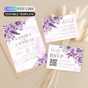 Conjunto de convites de casamento com flores roxas, conjunto de convites de casamento lilás, conjunto de convites de casamento com flores lavanda, detalhes do cartão RSVP editável