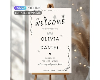 Hand Drawn Wedding Welcome Sign Template: Handwritten Wedding Sign Digital Illustrated Welcome Party Signage Scribble Sign Decor Editable
