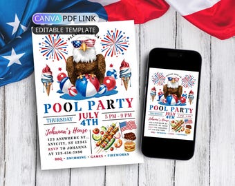 Modèle patriotique d'invitation à la fête de la piscine du 4 juillet Invitation de bain d'été modifiable sur Canva, invitation numérique barbecue du 4 juillet, fête de la crème glacée