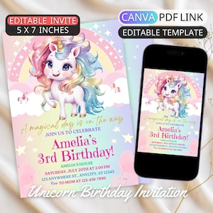 Pastels Rainbow Unicorn Birthday Party Invitation Template Rainbow Birthday Invite Girl Digital Birthday Invitation Kids Bday Canva Editable