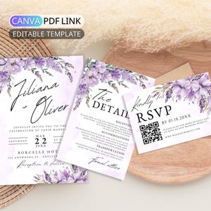 Plantilla de invitación de boda floral morada Canva, conjunto de invitaciones de boda lila, paquete de invitaciones de boda lavanda, código QR de boda editable RSVP