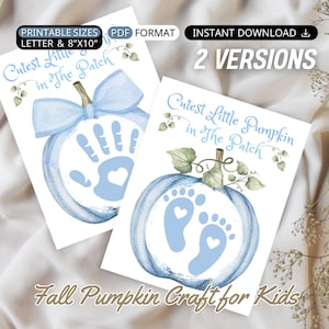 Coquette Bow Blue Pumpkin Handprint Art Kid Fall Handprint Craft DIY Baby Keepsake Printable Preschool Activity Fall Footprint Art Toddler