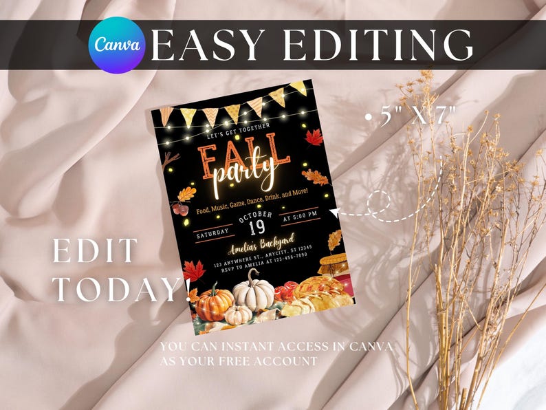 Editable Pumpkin Fall Festival Invitation Template Autumn Party Canva Invite for Family, Friend Block Party Digital Download