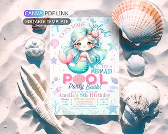Mermaid Pool Party Birthday Invitation: Editable Mermaid Birthday Invite Digital Pool Birthday Party Invite Girl Kid Swimming Invite Canva