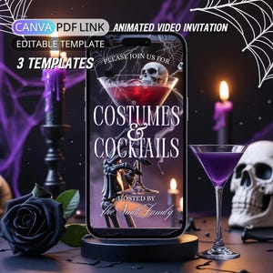 以下が含まれることがあります： スマートフォンには、「Costumes & Cocktails」というテキストが表示されたハロウィーンをテーマにした招待状が表示されています。デザインには、マティーニグラスに入った骸骨、骸骨の手、クモの巣が含まれています。背景には、ろうそく、骸骨、黒いバラがあります。