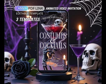 May include: A smartphone screen shows a Halloween invitation with the words "Costumes & Cocktails." The design includes a skull in a martini glass, a skeleton hand, and a spiderweb. The background features candles, skulls, and a black rose.