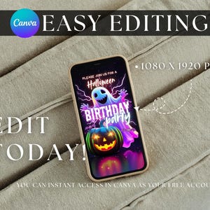 Editable Neon Halloween Animated Birthday Invitation Video Spooky Costume Party Invite Digital Halloween Canva Template for Kids
