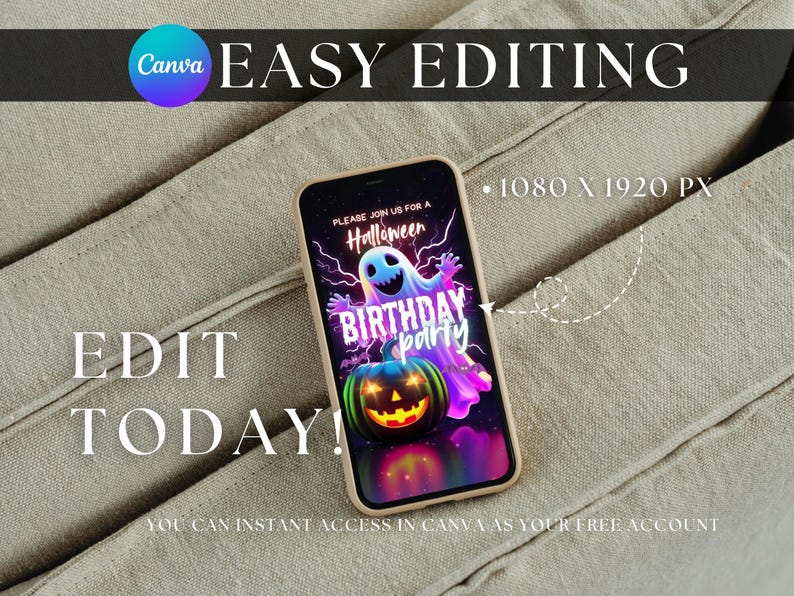 Editable Neon Halloween Animated Birthday Invitation Video Spooky Costume Party Invite Digital Halloween Canva Template for Kids