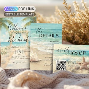 May include: A set of wedding stationery with a beach theme. The suite includes an invitation, details card, and RSVP card. The invitation features the names "Olivia and Richard" and the date "MAR 18". The RSVP card has a QR code and a starfish illustration.