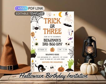 Trick or Three Birthday Invitation Kid Halloween 3rd Birthday Party Invite Template Editable Ghost Third Birthday Invite Boy Girl Digital