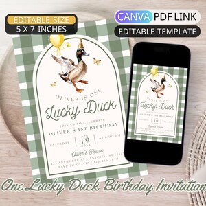 One Lucky Duck Birthday Party Invitation Template Boho First Birthday Invite Digital Mallard Duck 1st Birthday Boy Green Gingham Editable