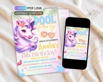 Modèle d'invitation de fête de piscine de licorne : Invitation de fête d'anniversaire de licorne pour une fille d'invitation d'anniversaire de natation d'été d'enfant (toile éditable numérique)