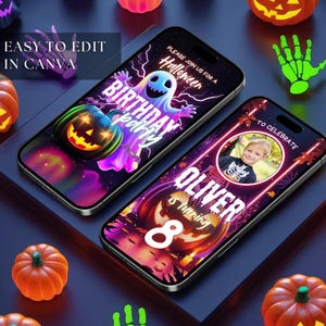 Editable Neon Halloween Party Invite Video Template Animated Spooky Costume Birthday Invitation Digital Canva Halloween Party