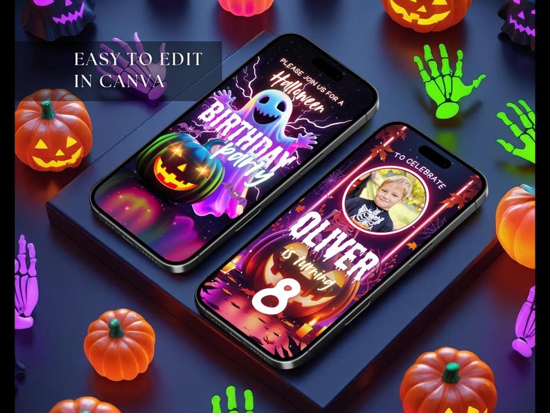 Editable Neon Halloween Party Invite Video Template Animated Spooky Costume Birthday Invitation Digital Canva Halloween Party