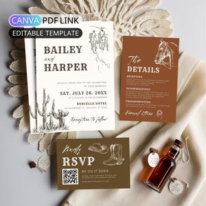 Rustic Western Wedding Invitation Suite Template, Desert Wedding Invite Set Cowboy Wedding Invite Mocha Digital QR Code RSVP Canva Editable