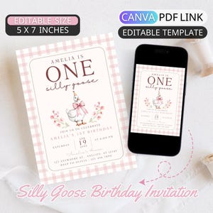 One Silly Goose Birthday Party Invitation Template Silly Goose First Birthday Invite Digital Girl 1st Birthday Party Pink Gingham Birthday