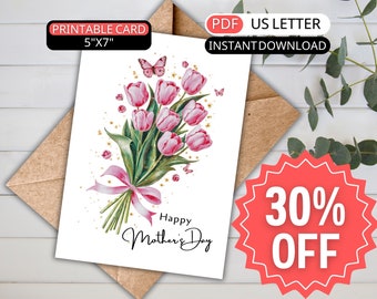 Watercolor Tulip Mothers Day Card From Daughter To Mom Gift For Mother's Day Greeting Card Flower Butterfly, Happy Mothers Day Pink Flowers