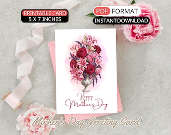 Rose Mothers Day Card For Mom: Happy Mother's Day Grandma Card From Daughter Printable Flower Bouquet Vase Card Mum Birthday Greeting Card