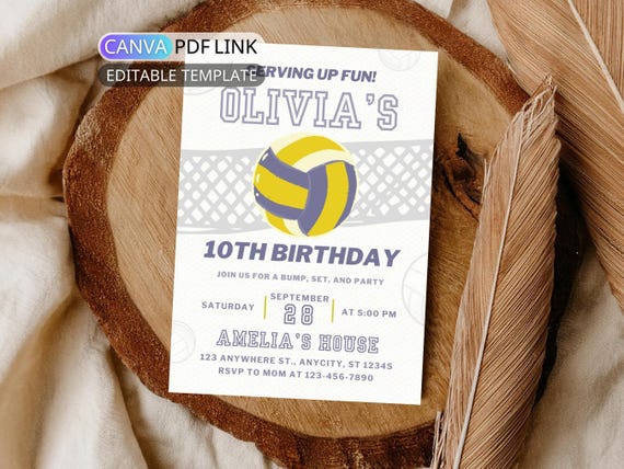 Modern Volleyball Birthday Invitation: Sport Theme Birthday Party Invite Girl Boy Digital Beach Volleyball Party Invite Teen Editable Canva