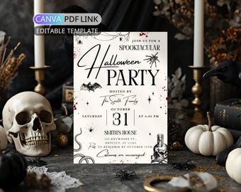 May include: A rectangular Halloween party invitation template featuring black text and illustrations of spiders, a bat, a snake, and a skull on a white background. The text includes JOIN US FOR A SPOOKTACULAR HALLOWEEN PARTY, HOSTED BY, OCTOBER 31, and more.