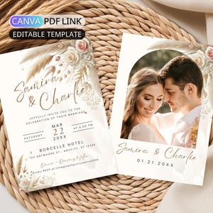 Pampas Grass Wedding Invitation Template Boho Rose Wedding Invite with Photo Digital Terracotta Wedding Party Invite, Rustic Wedding Theme