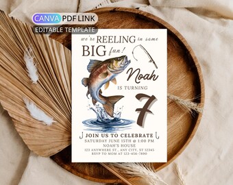 Editable Bass Fishing Birthday Party Invitation: Rustic Fish Birthday Invite Boy Girl Printable Fishing Theme Birthday Any Age Digital Canva
