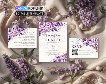 Lavender Rose Wedding Invitation Suite: Purple Floral Wedding Invite Set Digital Lilac Wedding Bundle Template Canva Editable QR Code RSVP