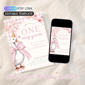 One Silly Goose Birthday Invitation Template Boho 1st Birthday Party Invite Girl Silly Goose First Birthday Invite Pink Gingham Editable