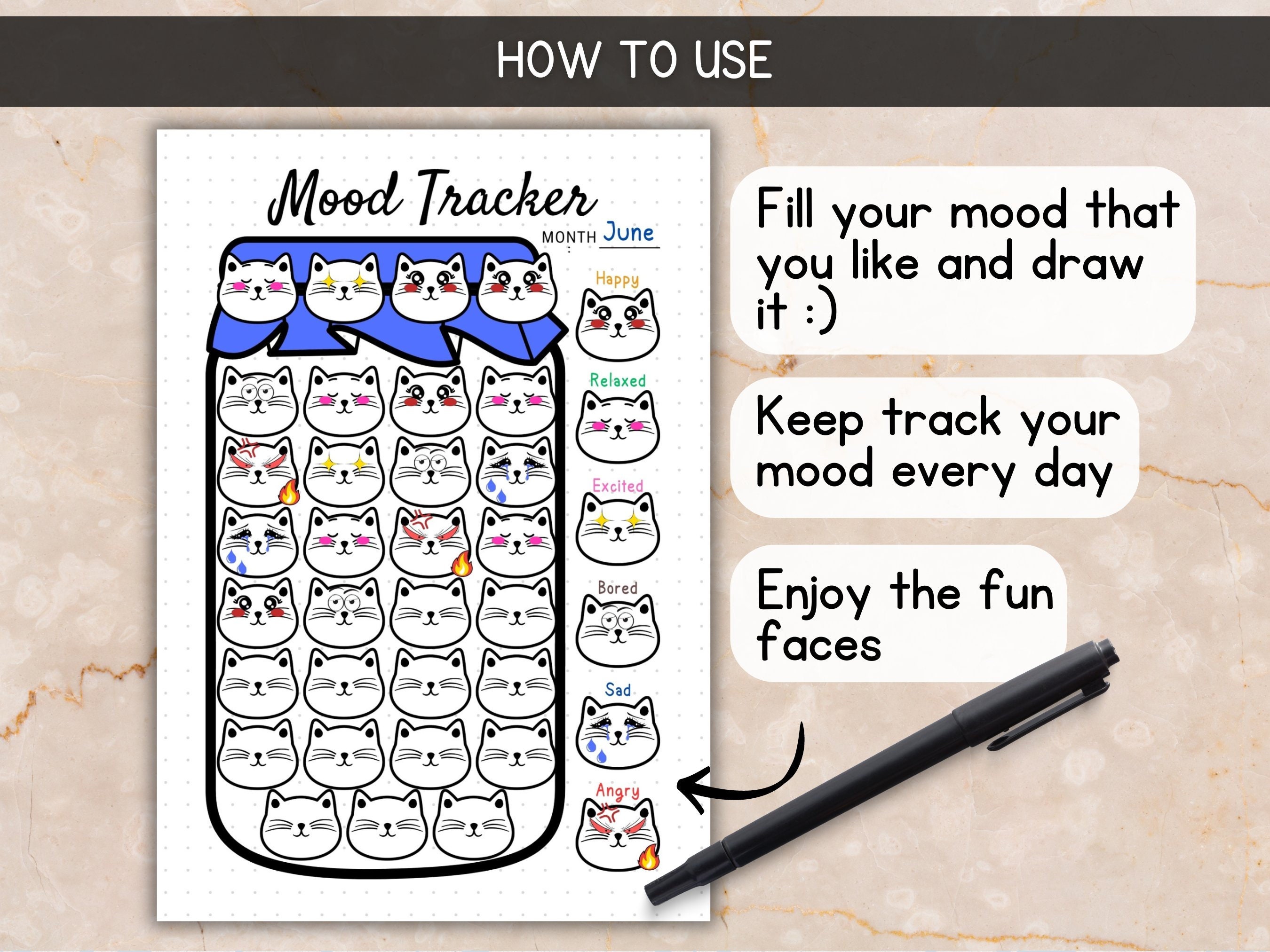 Cute Mood Tracker Printable Habit Tracker Kids With Cat Face Emotion Cute Mood Tracker Printable Habit Tracker Kids With Cat Face Emotion