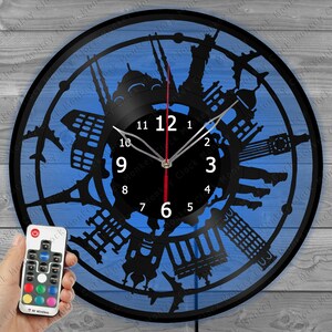 Horloge de voyage avec éclairage LED Horloge murale en vinyle Art déco, commande personnalisée Horloge murale en disque vinyle, cadeau design personnalisé pour lui et les siens