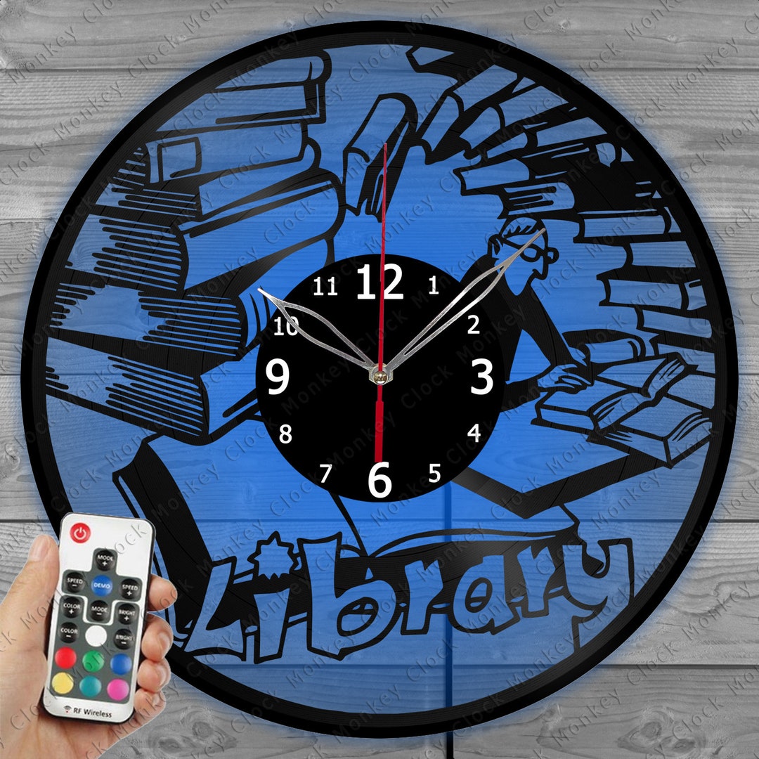 Library Clock Svg Library Librarian Clock With LED Light Vinyl Clock Gift for Him and His ...