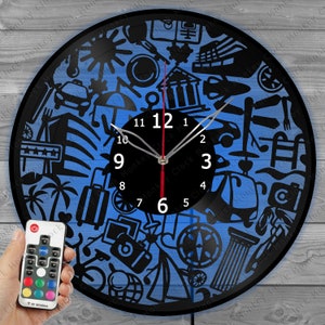 Horloge de voyage avec lumière LED Horloge en vinyle Art déco Horloge murale Commande personnalisée Horloge murale en disque vinyle Design personnalisé Cadeau pour lui et les siens
