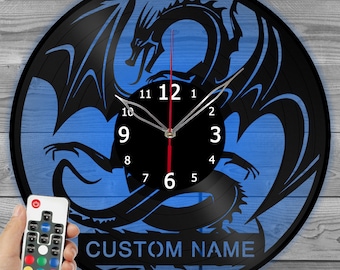 ドラゴンビニール時計 LEDライト付き ビニール時計 ホームデコレーション 壁掛け時計 カスタムネーム ビニールレコード壁掛け時計 ギフト用 パーソナライズされた名前デザイン