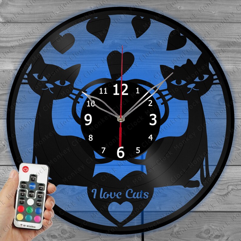 Cats Clock With LED Light Vinyl Clock Art Decor Wall Clock Custom Order ...