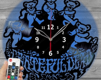 Reloj de pared con luz LED de Grateful Dead, decoración de Grateful Dead, reloj de pared con disco de vinilo de rock, reloj personalizado, regalos de Grateful Dead