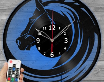 Horse Clock with LED Light Vinyl Clock Art Home Decor Wall Clock Custom Order Vinyl Record Wall Clock Personalized Design gift for him & his