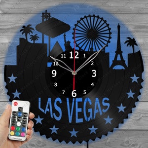 Reloj de Las Vegas con luz LED, reloj de vinilo, decoración del hogar, reloj de pared de ciudad, reloj de pared de vinilo con nombre personalizado para regalo, diseño de nombre personalizado