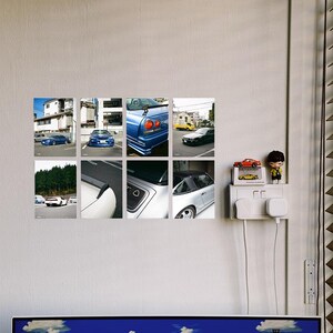 Puede incluir: Un collage de nueve fotos que muestran diferentes ángulos de un coche azul y blanco. El coche es un coche deportivo japonés clásico con un alerón trasero distintivo. Las fotos están dispuestas en una cuadrícula y muestran el coche desde varias perspectivas.